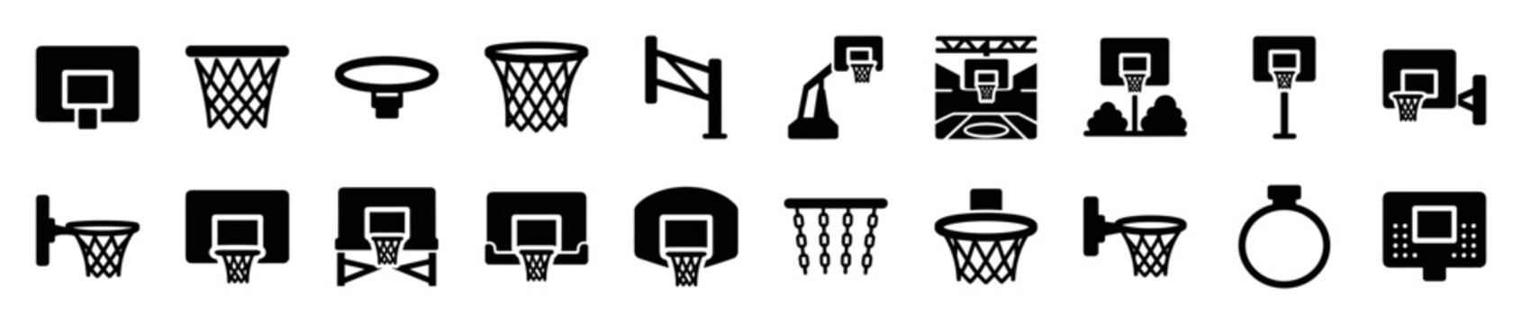 Collection of black basketball hoop icons showing various styles of backboards, nets, and rims for sports and recreation concepts in a simple glyph style