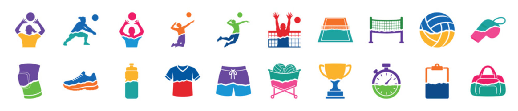 Large collection of colorful volleyball icons featuring players in action, sports equipment, and competition elements with a modern, graphic, torn paper design