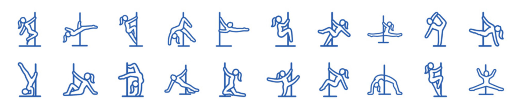 Large set of blue line icons depicting a female pole dancer performing various acrobatic moves, exercises, and flexible poses for sport and fitness concepts