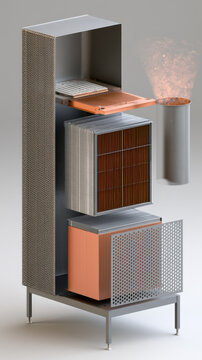 Modular Material Display Cabinet with Wood, Metal and Decorative Panels Copy Space