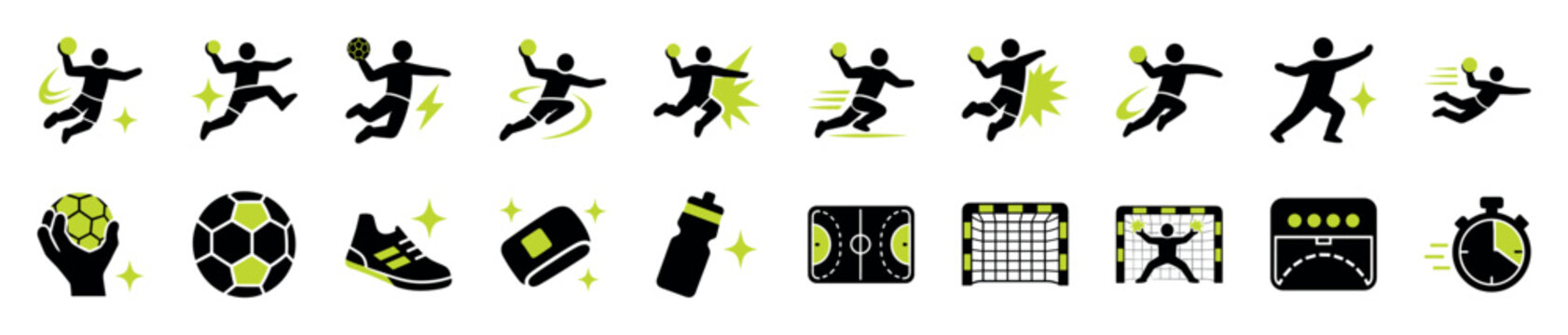Handball sport icon set with players throwing the ball, game equipment, and court elements in a dynamic black and green glyph style