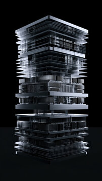 Futuristic Black Modular Skyscraper Model Isolated on Dark Copy Space