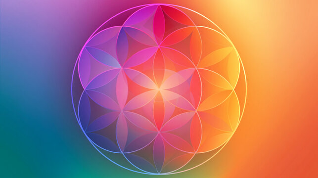 Sacred geometry vector illustration featuring a colorful rainbow-toned seed-of-life pattern, vibrant spiritual design, with copy space