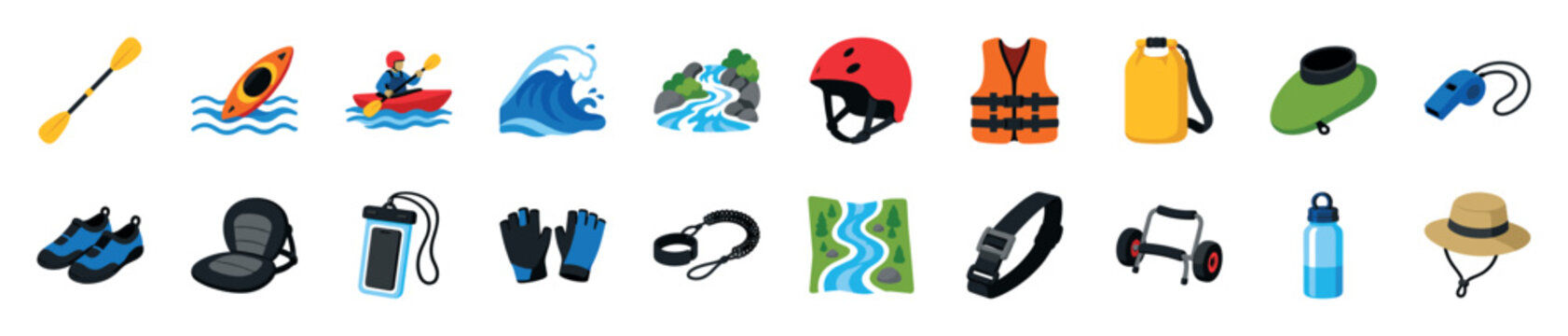 Collection of colorful kayaking and rafting icons showing essential gear like a boat, paddle, life vest, helmet, and other water sports and safety equipment accessories