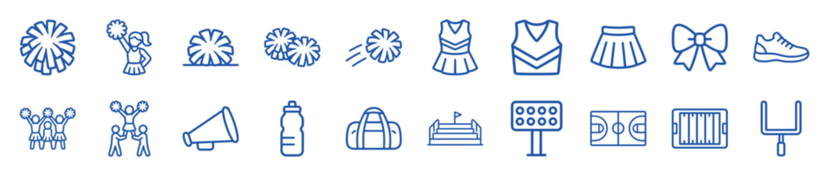 Set of blue line art icons for cheerleading and sports, featuring symbols like a pompom, uniform, megaphone, scoreboard, basketball court, and football field