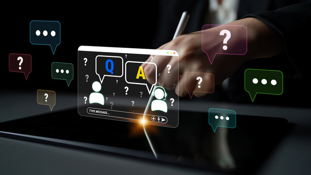 Digital communication concept with question marks, chat bubbles, and abstract graphics depicting online messaging and user interaction on a tablet device. Glyphic.