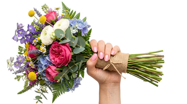 Hand holding vibrant wildflower bouquet roses and greenery isolated on transparent background