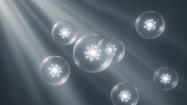 3D animation Cosmetics many atoms floating in droplets. Collagen bubbles Design. Moisturizing Cream and Serum Concept. Vitamin for health care and beauty concept