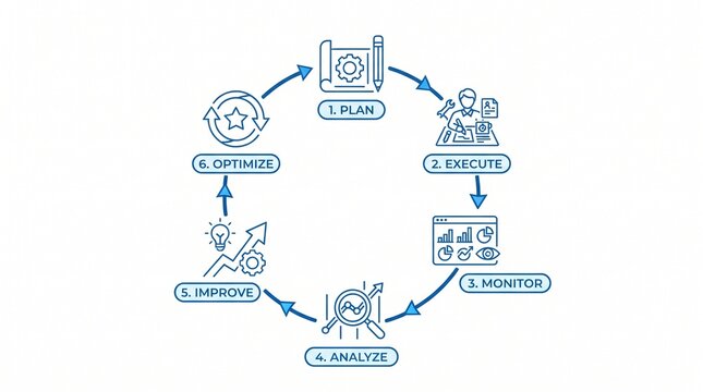 Operational efficiency cycle diagram. Business process improvement loop with six steps.