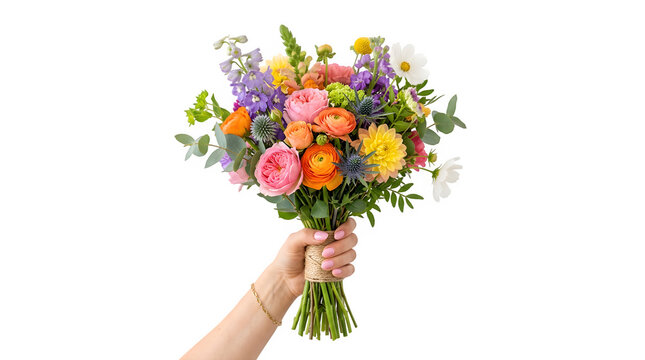 Colorful spring flower bouquet held in hand isolated on transparent background
