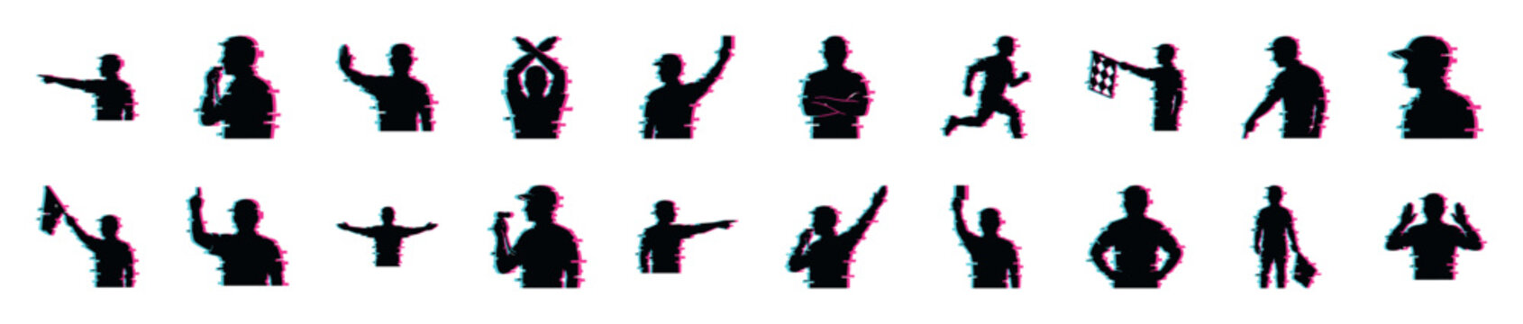 Set of black sports referee and umpire silhouettes with a modern digital glitch effect showing various gestures, signals, and poses like holding a flag or card