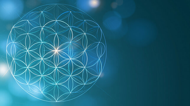 Sacred geometry vector background featuring a flower-of-life pattern, mystical interconnected circle design, with copy space