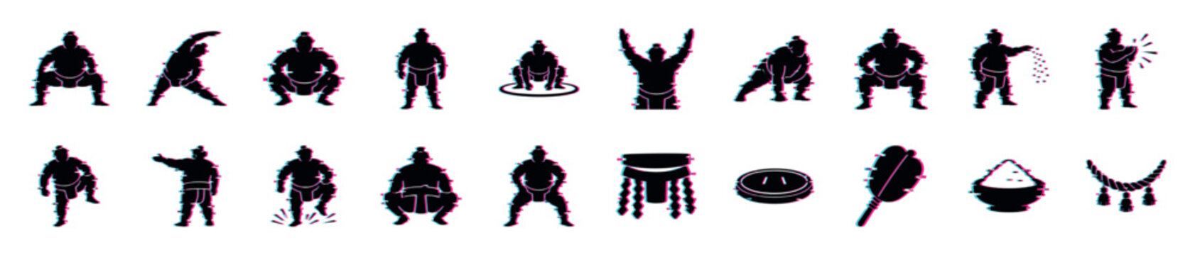Set of black sumo wrestler icons with a modern glitch effect showing various poses, rituals, and traditional equipment like a mawashi, gunbai fan, and dohyo ring