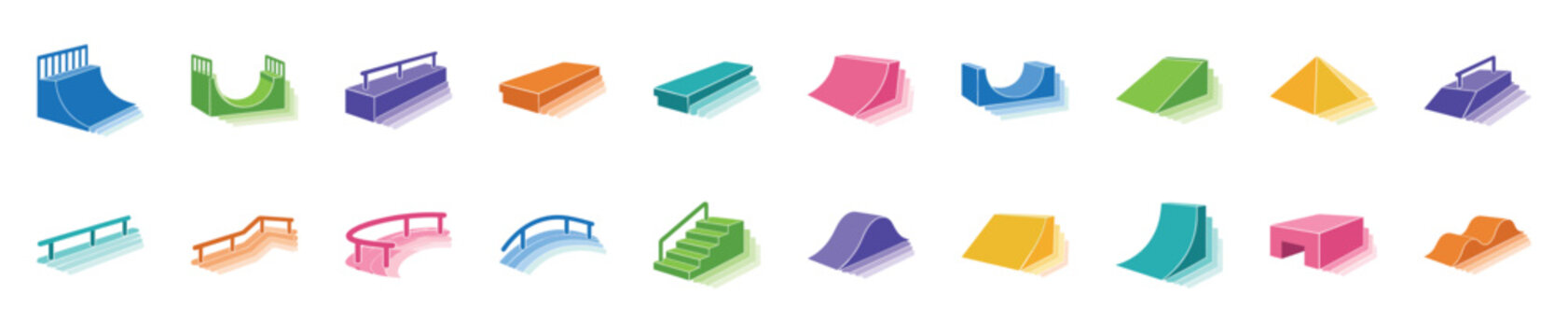 Colorful collection of isometric skatepark equipment icons showing various ramps, rails, ledges, and obstacles for urban extreme sports like skateboarding in a stylized vector set