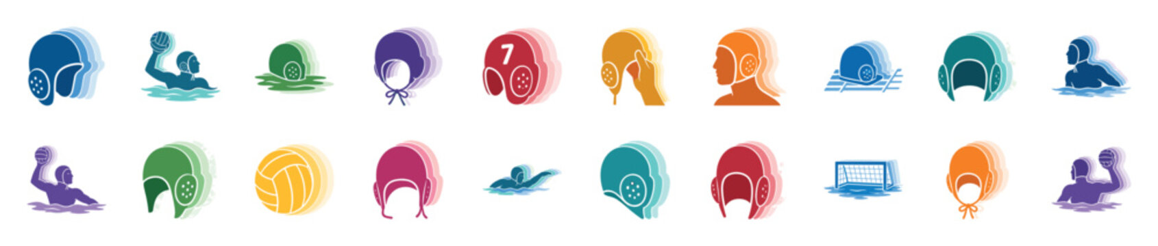 Vibrant collection of water polo sport icons with a modern layered effect, featuring athletes swimming, throwing a ball, protective caps, and a goal in the water