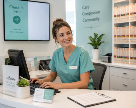 Friendly Female Receptionist at Medical Clinic Front Desk