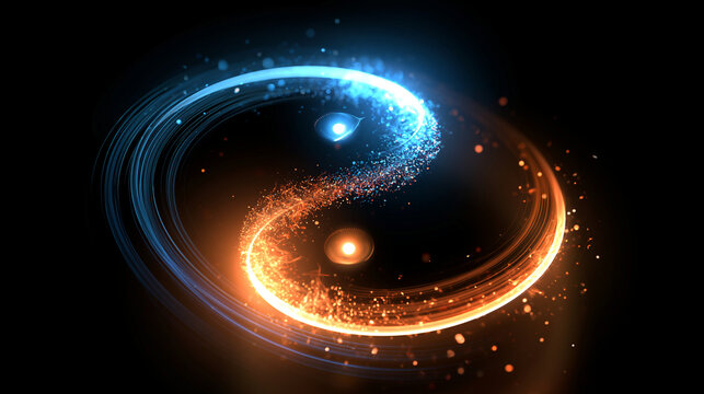 Yin-yang inspired abstract wallpaper featuring light and fire particle effects, balance and harmony vector illustration, with copy space