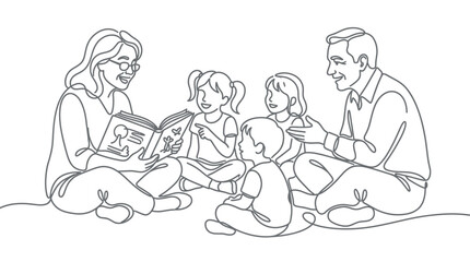 Family Reading Time Grandmother Reads Book to Grandchildren Parents Listen Line Art Illustration