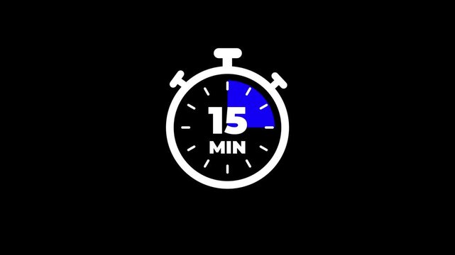 Stopwatch clock countdown icon with 15 min timer animation. Timer, clock, stopwatch icon with 15 min timer animation on black background. and creating a stunning video.