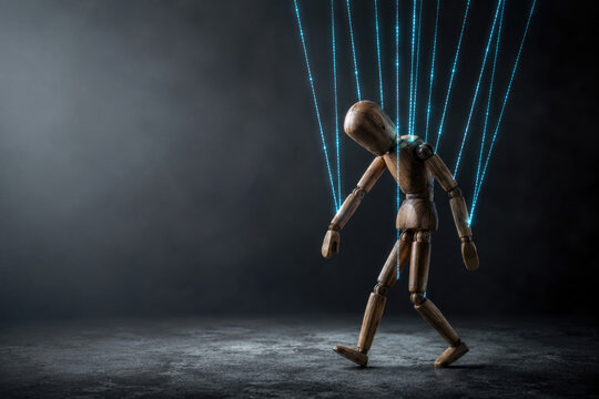 Wooden mannequin controlled by glowing blue strings. Space for text.