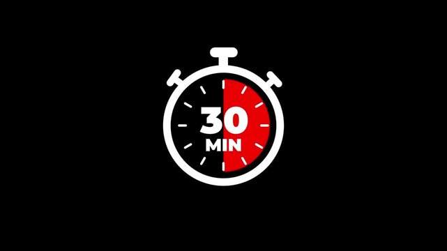 Stopwatch icon with 30 min countdown timer clock icon animation. Digital and analog clock 30 minutes countdown isolated on black background. and creating a stunning video.