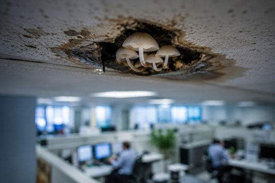 Office Ceiling Water Damage, Mold and Structural Leak with Copy Space