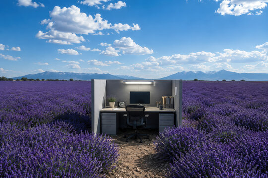 Surreal Office Workstation Cubicle in Endless Lavender Field