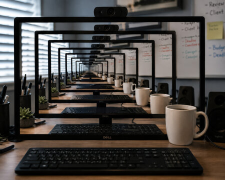 Infinite Tunnel Effect of Computer Monitors on Office Desk