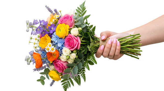 Colorful spring flower bouquet held in hand isolated on transparent background