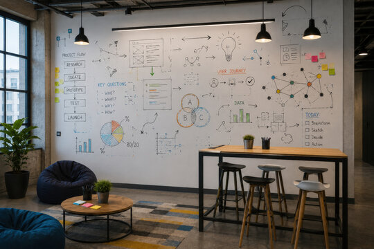 Empty Creative Meeting Room with Whiteboard, Stools and Brainstorming Copy Space