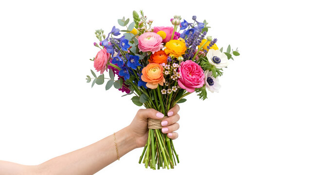 Colorful ranunculus and anemone bouquet held in hand isolated on transparent background