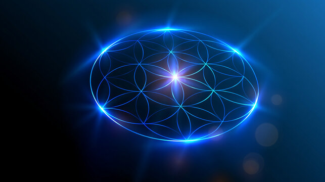 Glowing vector illustration of a flower-of-life sacred geometry pattern, spiritual symbolism design, with copy space