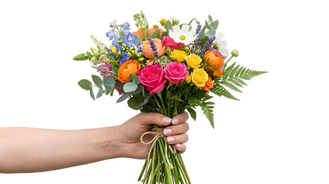 Hand holding vibrant wildflower bouquet isolated on transparent background for design