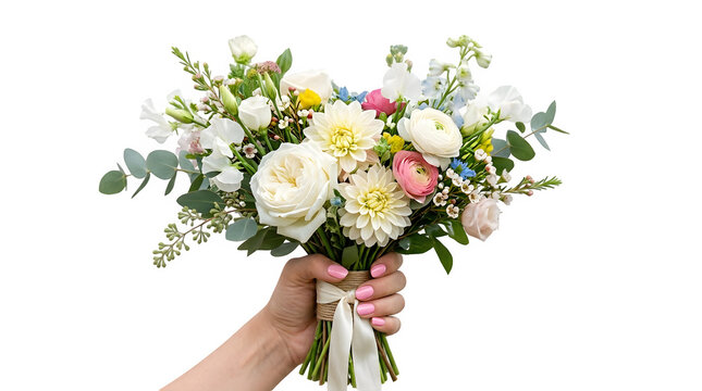 Elegant bridal bouquet held in hand white and pastel flowers isolated on transparent background