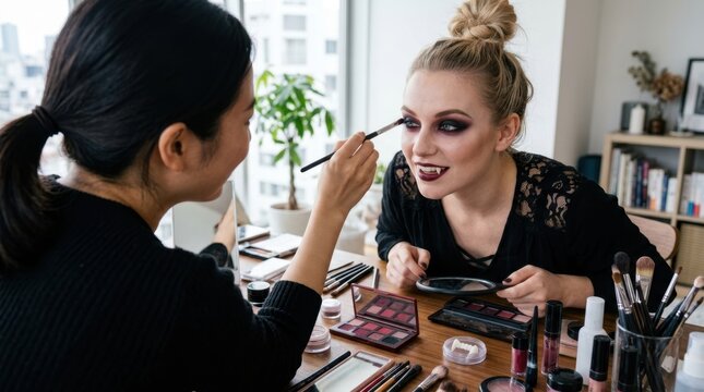 Woman applying dramatic Halloween makeup to friend with vampire fangs