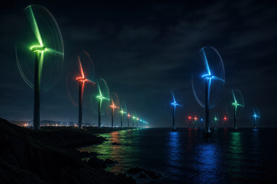 Row of Offshore Wind Turbines Illuminated with Colorful Neon Lights