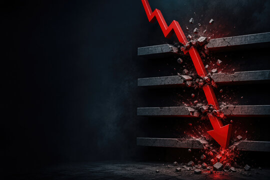 Red downward arrow breaks through concrete barriers. Space for text.