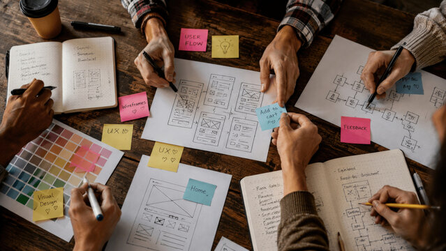 Top Down View of Creative Team Sketches and Wireframes Overhead