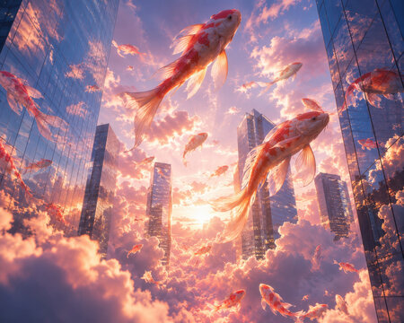 Surreal Flying Koi Fish above Futuristic City Skyline with Copy Space