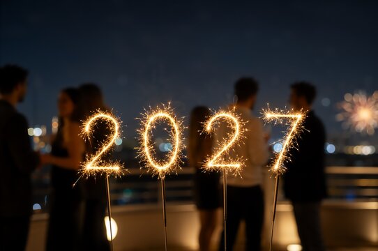 Group of man and woman celebrating New Year with 2027 sparkling light on rooftop. People enjoying corporate party at night with fireworks. Concept of future and holiday celebration.