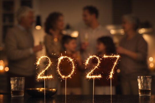 Sparkler candles shaped like 2027 on table with happy family in blurred background. New year celebration at home. Festive atmosphere with glowing pyrotechnic numbers for holiday party.