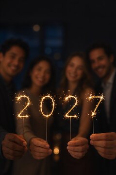 Group of man and woman holding glowing 2027 sparklers at night. Friends celebrating New Year party together. Festive atmosphere, success and hope for future year beginning concept.