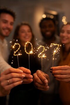 Diverse friends holding glowing sparklers shaped as 2027 numbers for New Year celebration. Joyful group of men and women enjoying corporate party. Festive holiday mood and countdown event.