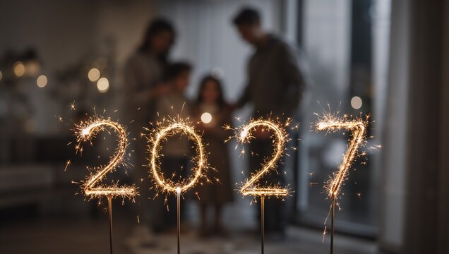 Sparklers forming the year 2027 glowing in dark room. Family with woman, man and child celebrating New Year. Concept of holiday anticipation, future hope and festive indoor celebration.