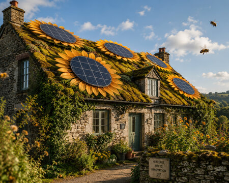 Sunflower Shaped Solar Panels on Sustainable Cottage Roof with Rural Copy Space