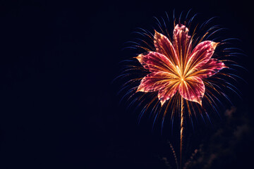 Fototapeta premium Flower shaped fireworks burst against a dark night sky. Space for text.