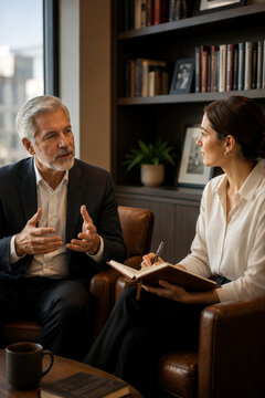 Senior Business Mentor Advising Young Professional during Private Office Consultation