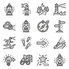 Fototapeta premium Camping, navigation, and outdoor exploration equipment icons.