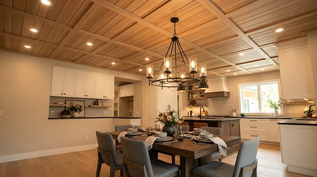Modern farmhouse dining room set for family gatherings. Rustic-chic kitchen and dining area with wooden beams and elegant chandelier.