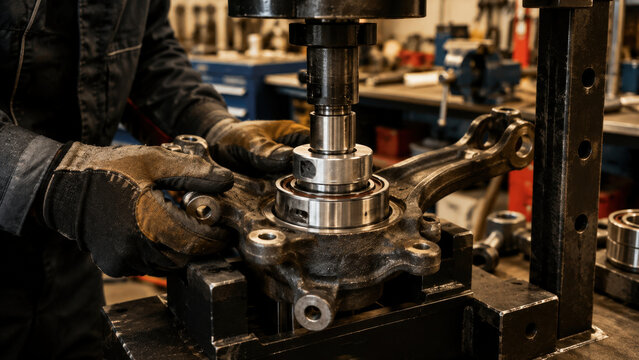 Mechanic Using Hydraulic Press for Wheel Bearing Installation in Automotive Workshop